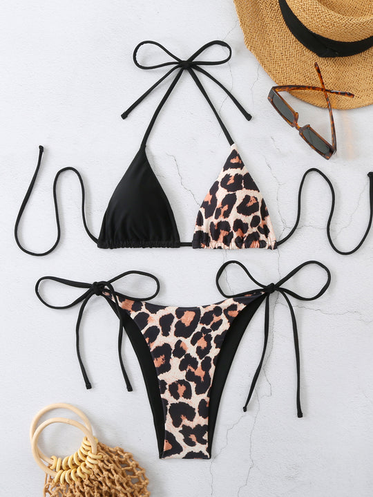 Damen Triangel-Bikini mit modernem Leo-Print und verstellbaren Bindebändern R&B