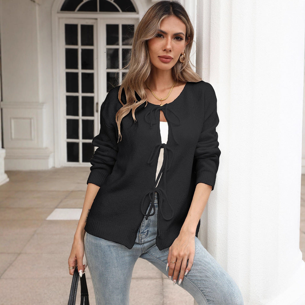 Damen lockere Strickjacke mit Tunnelzug R&B