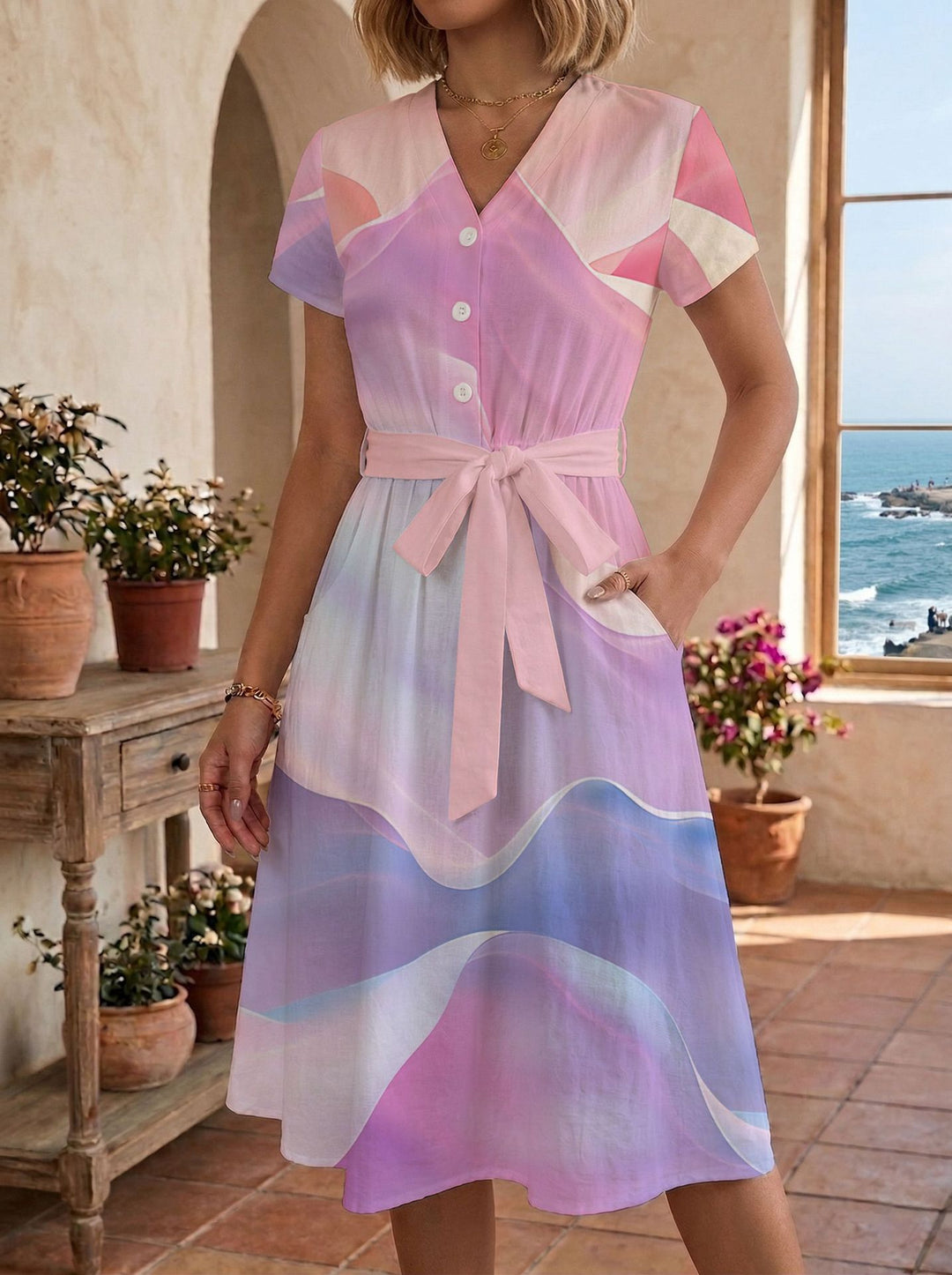 Damen Sommerliches Kleid mit taillierbarem Bindegürtel und floralem Muster R&B