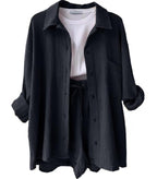 Damen lässiges Oversize-Hemd mit kurzem Schnitt und praktischen Taschen R&B