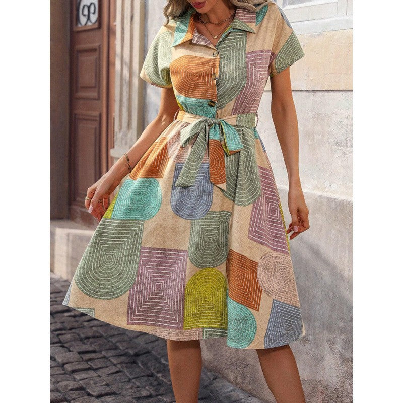 Damen Hemdkleid mit buntem geometrischem Muster und Taillengürtel R&B