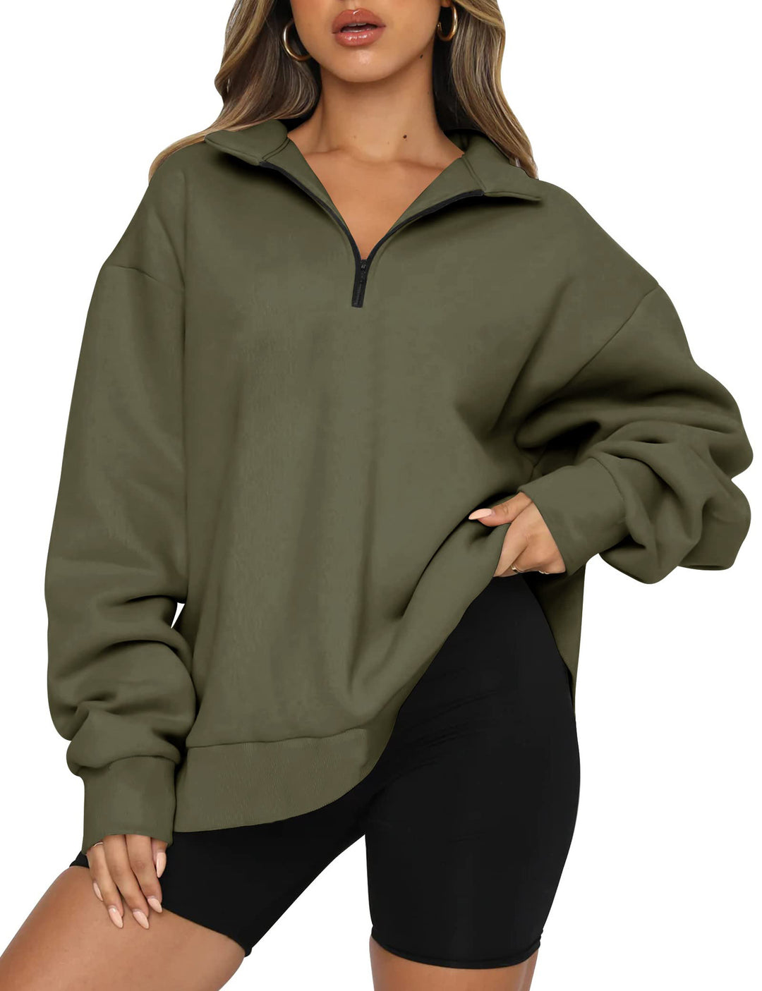Damen Sportlicher Oversized Pullover mit Reißverschluss und seitlichem Schlitz R&B