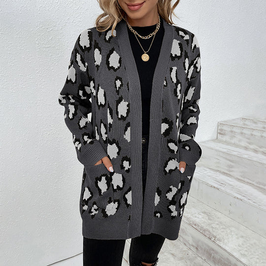 Damen modische Strickjacke mit Leopardenmuster und praktischen Taschen R&B