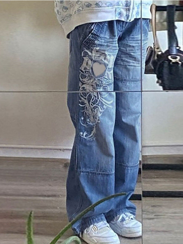 Damen Weit geschnittene Jeans mit einzigartigem Design und prominentem Druck R&B