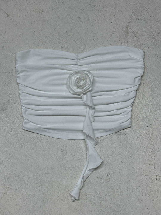 Damen bügelfreies Bustier-Oberteil mit dekorativer Raffung und Blütenapplikation R&B