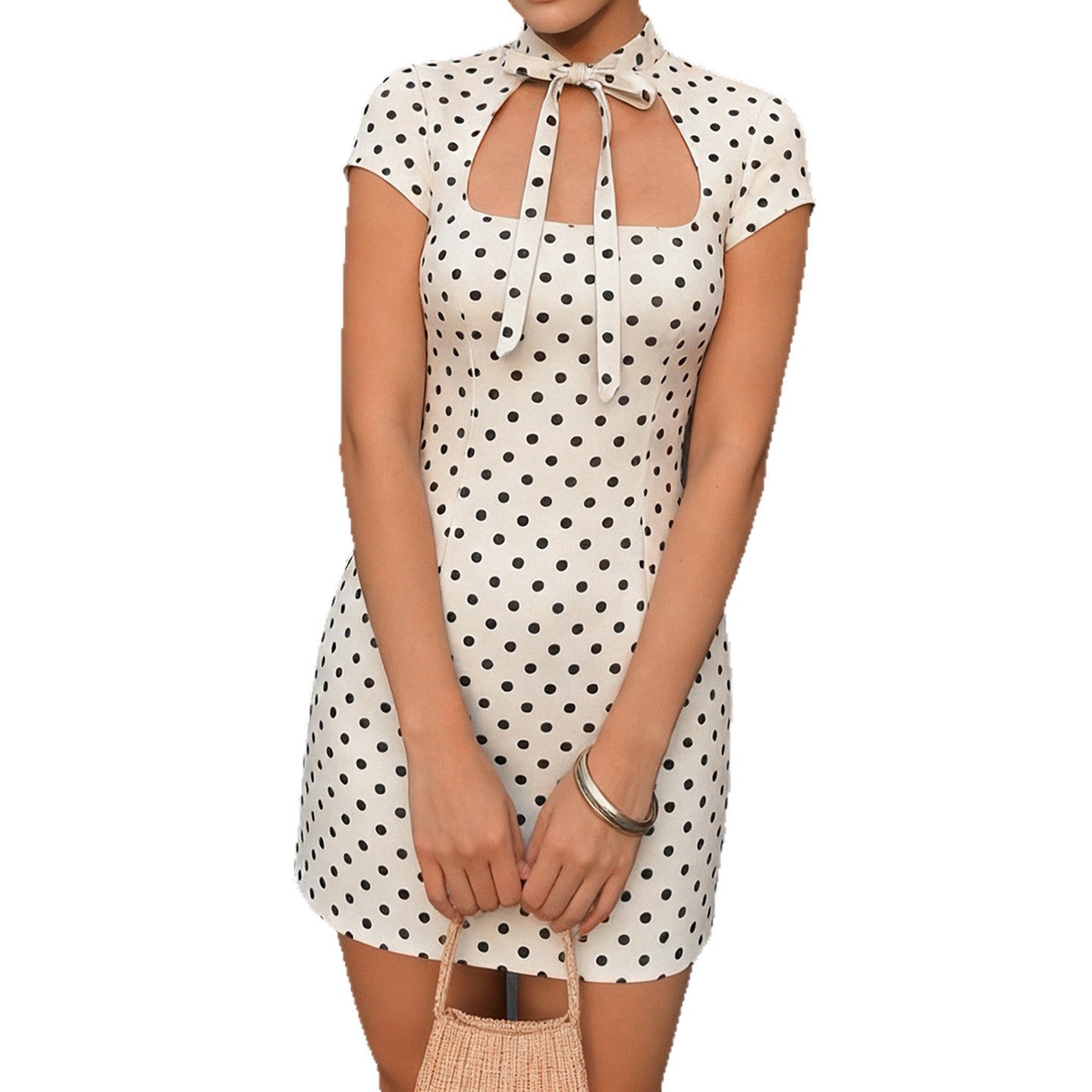 Damen Polka-Dots Minikleid mit R&Brnem Kragen und verspieltem Schleifendetail R&B