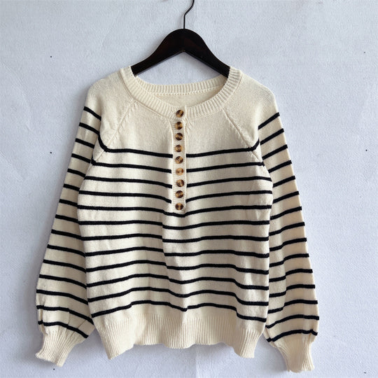 Damen gestreifter Strickpullover mit Knopfdetails und lässigem Schnitt R&B