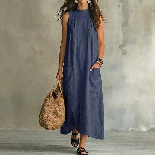 Damen nan ärmelloses Leinen-Maxikleid mit Stehkragen, Brustfalten und aufgesetzten Taschen R&B