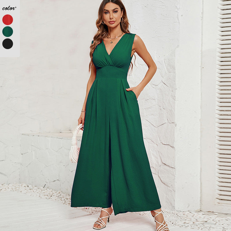 Damen Jumpsuit mit V-Ausschnitt und weitem Bein R&B