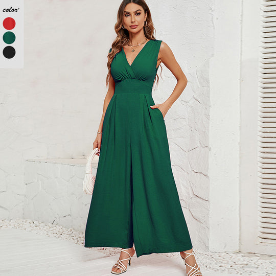Damen Jumpsuit mit V-Ausschnitt und weitem Bein R&B