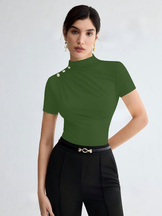Damen elegantes Oberteil mit dekorativen Knopfdetails und modernem Stehkragen R&B