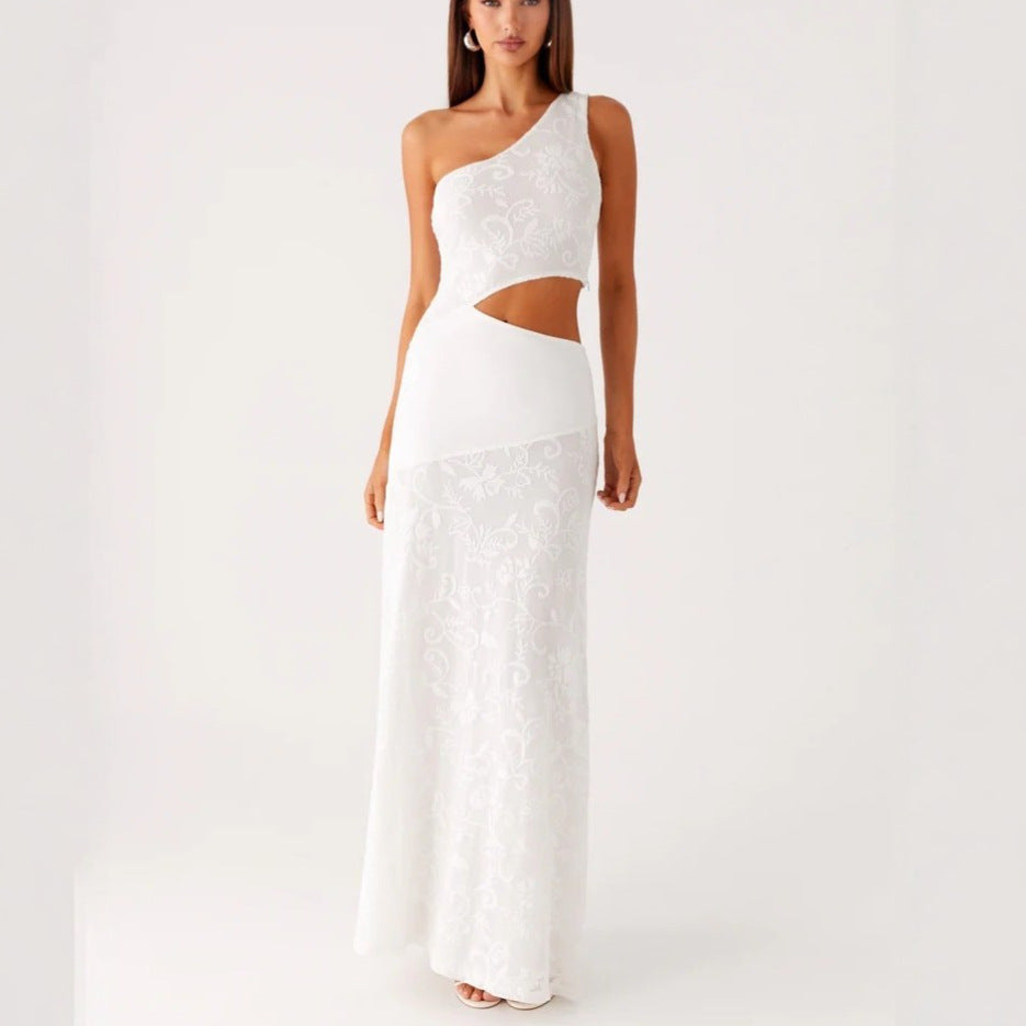 Damen Elegantes Maxikleid mit asymmetrischem Schnitt und floralem Spitzenbesatz R&B