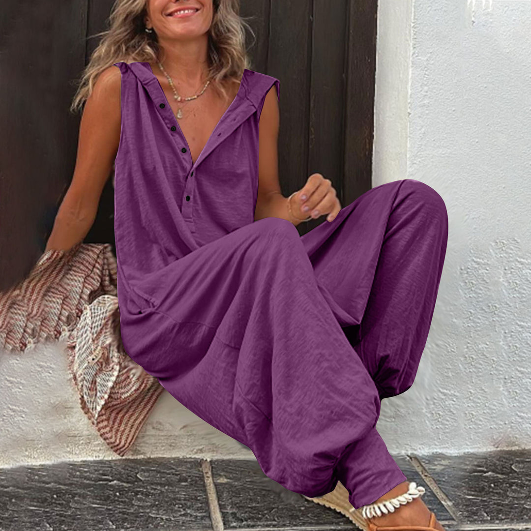 Damen Lässiger Jumpsuit mit Kapuze und Knopfverschluss R&B