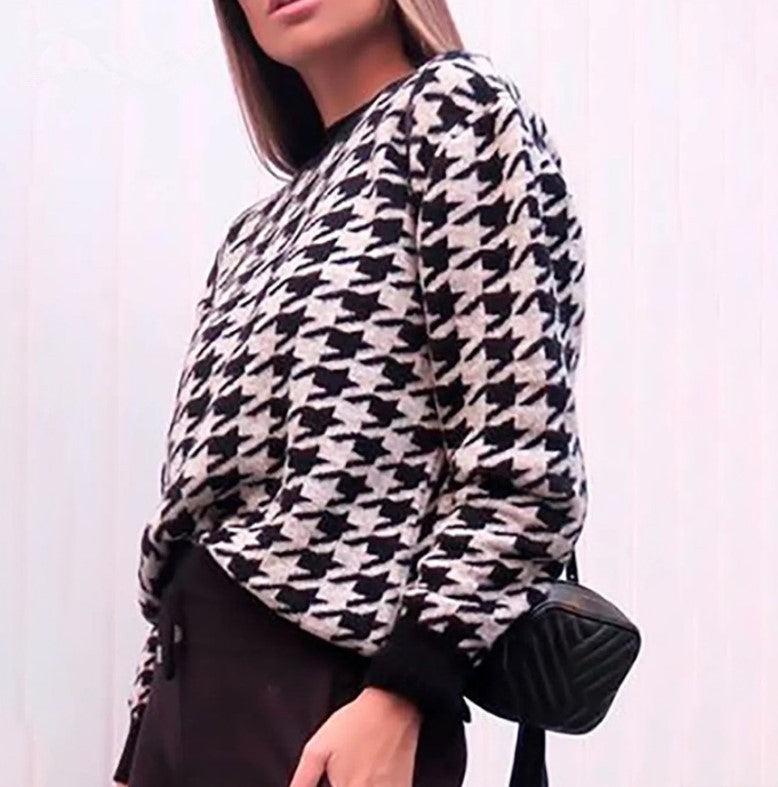 Damen Grobstrickpullover mit modernem Hahnentrittmuster und lässigem Schnitt R&B
