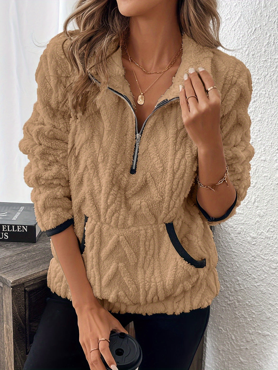 Damen kuscheliger Fleece-Hoodie mit halbem Reißverschluss R&B
