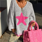 Damen Strickpullover mit V-Ausschnitt und auffälligem Sternenmuster