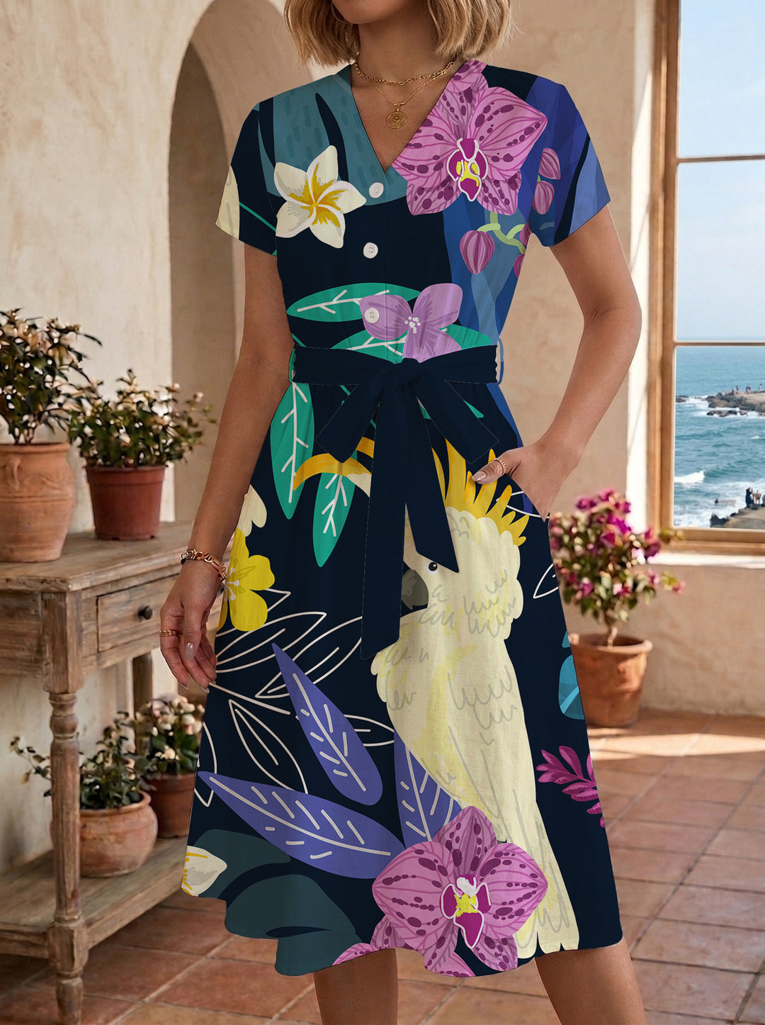 Damen Midi-Kleid mit floralem Design und bequemer Passform R&B