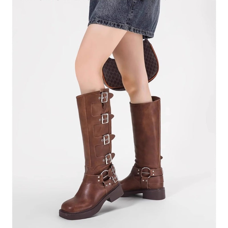 Damen Stiefel mit modischen Schnallen und robustem Blockabsatz R&B
