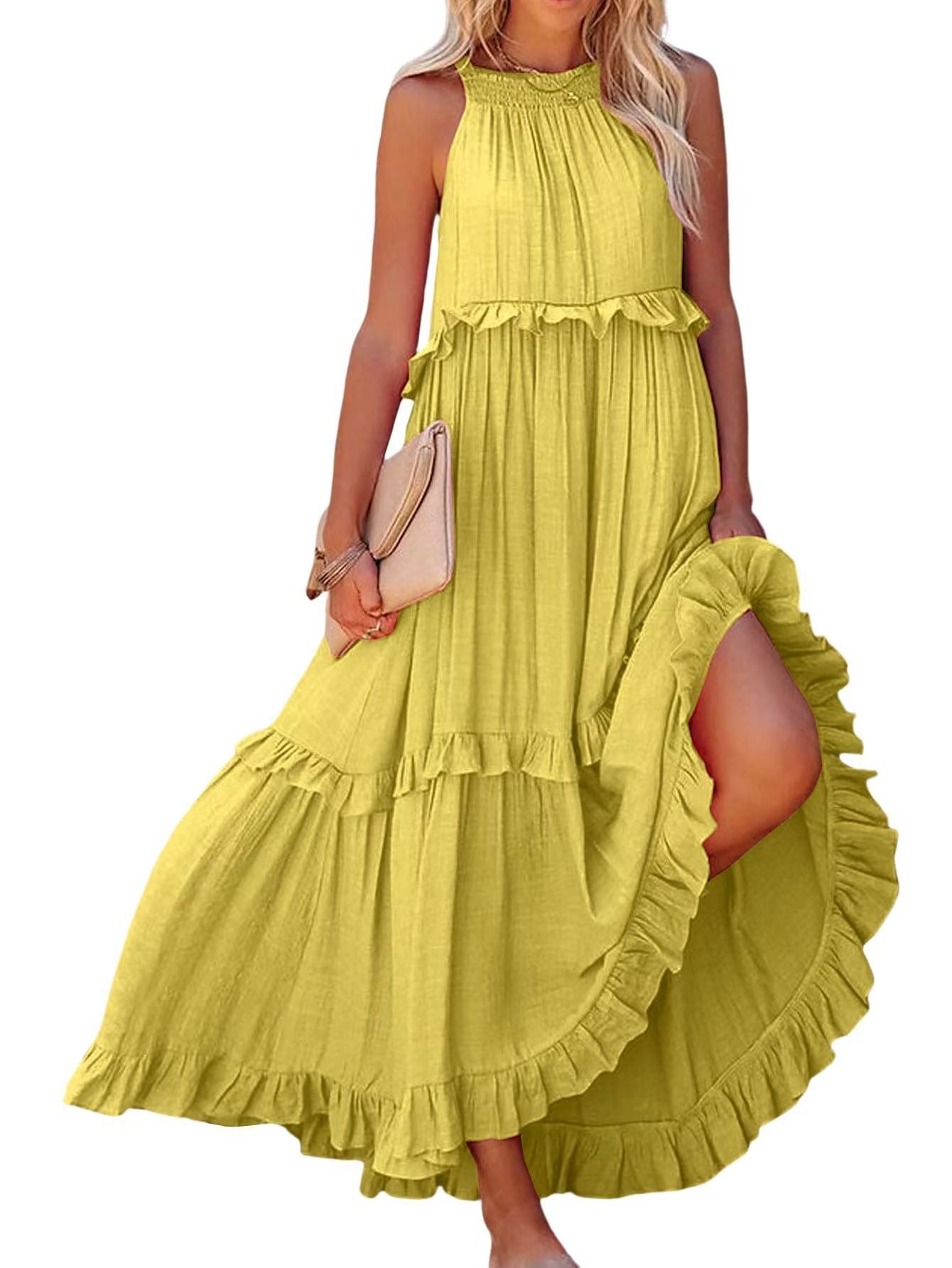 Damen Maxikleid mit Rüschendetails und luftiger Silhouette R&B