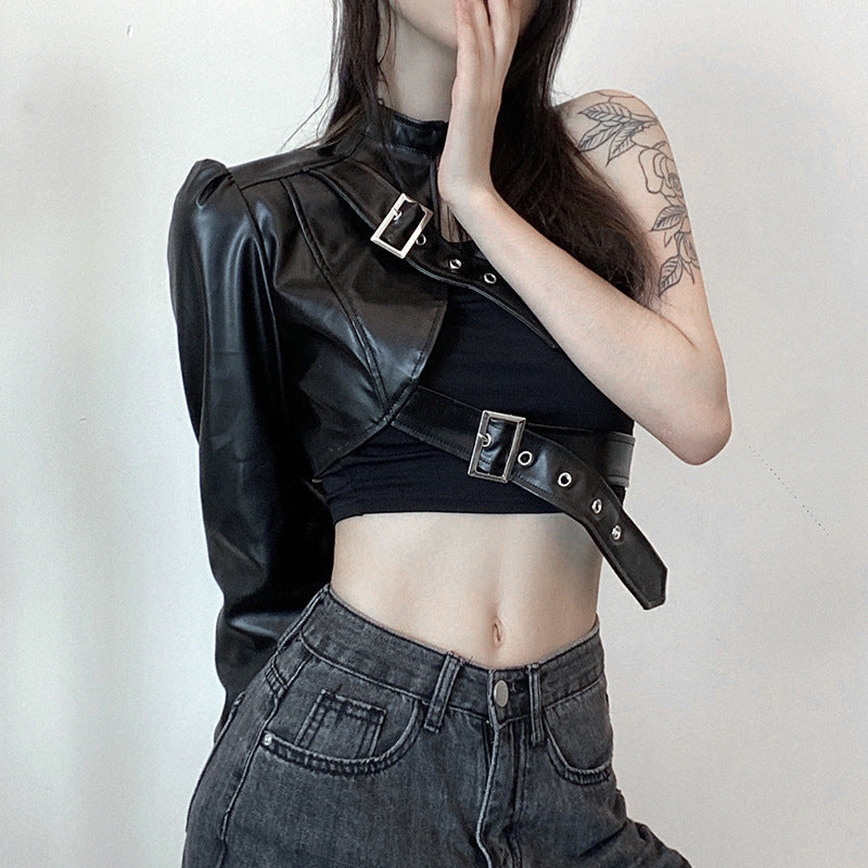 DamenR&B-Oberteil aus Kunstleder mit asymmetrischem Design R&B
