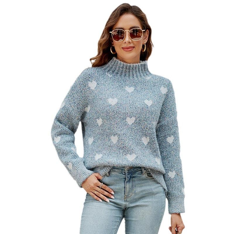 Damen modischer Strickpullover mit Herzmotiv und hohem Kragen R&B