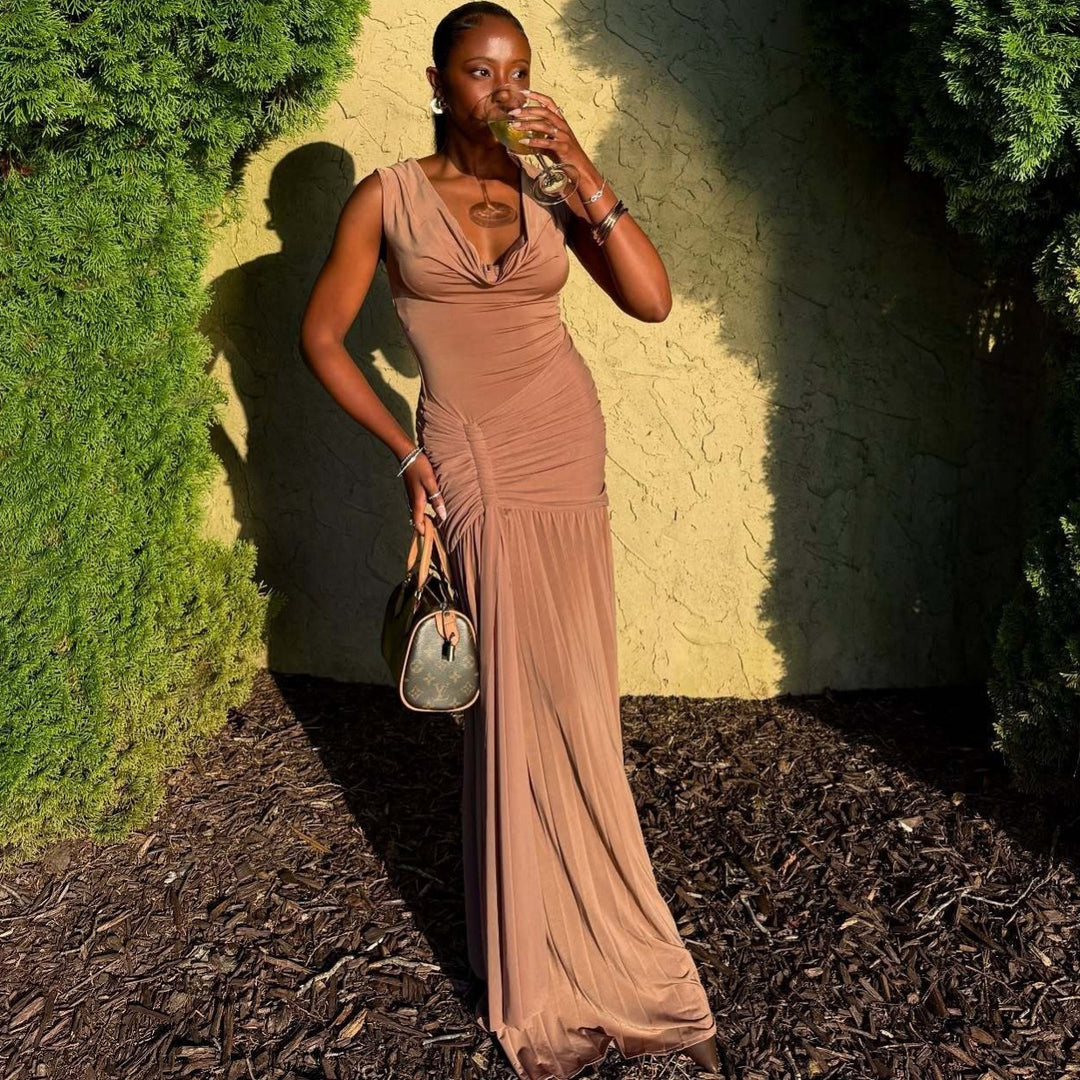 Damen Maxikleid mit eleganter Drapierung und schickem V-Ausschnitt R&B