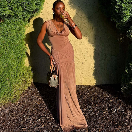 Damen Maxikleid mit eleganter Drapierung und schickem V-Ausschnitt R&B