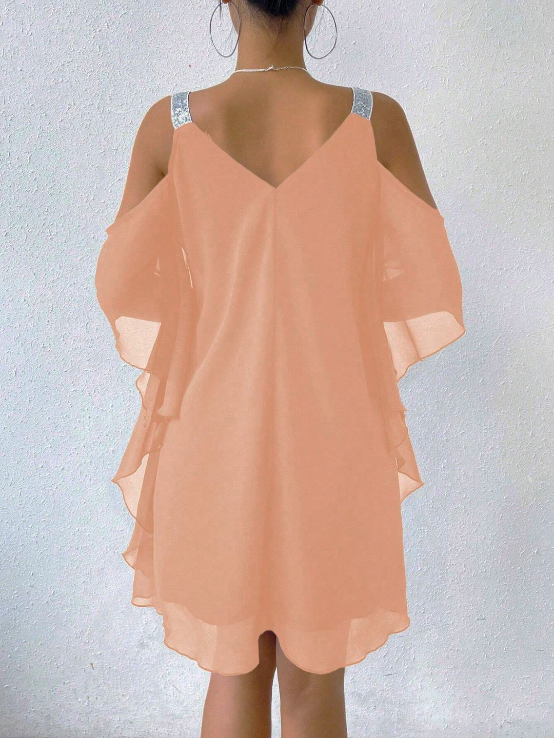 Damen schulterfreies Flatterkleid mit glitzernden Trägern R&B