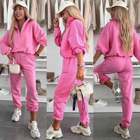 Damen modisches Fleece-Loungewear-Set mit halbhohem Kragen und elastischen Bündchen R&B