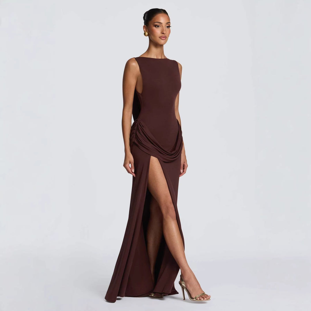 Damen Elegantes Maxikleid mit raffinierter Drapierung und hoch schlitzendem Design R&B