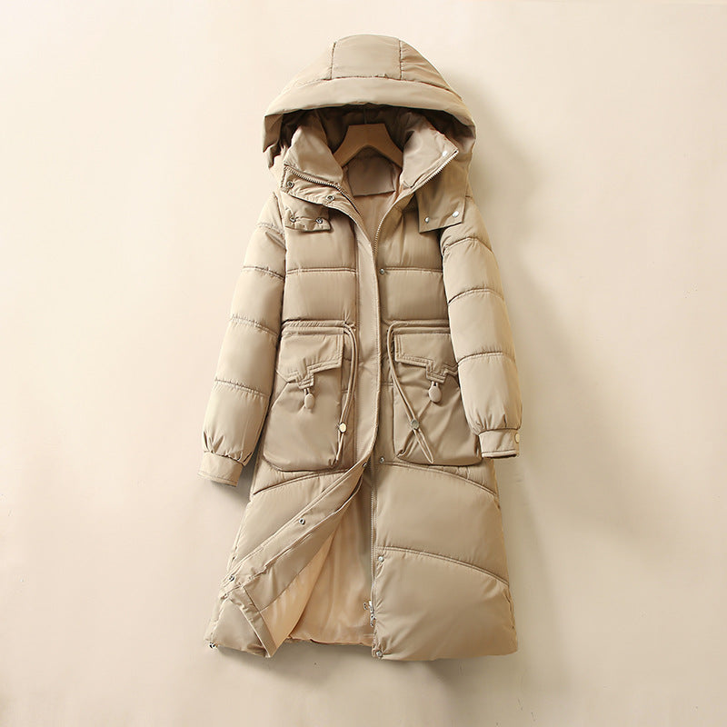 Damen Lange, warme Pufferjacke mit praktischen Taschen und Kapuze R&B