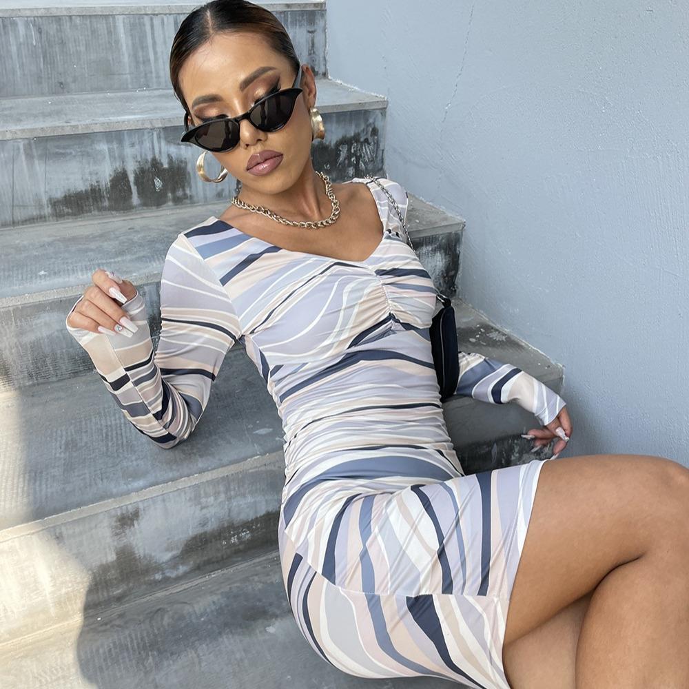 Damen Figurbetontes Langarmkleid mit einzigartigem Muster R&B