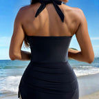 Damen Eleganter Badeanzug mit Wickeldesign und goldenen Akzenten R&B