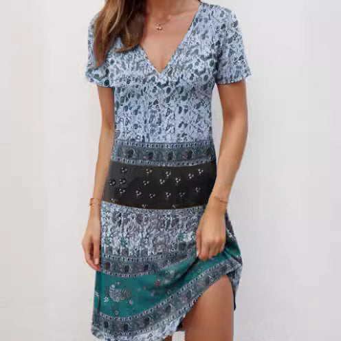 Damen Kurzarmkleid mit modischem V-Ausschnitt und kreativem Muster R&B