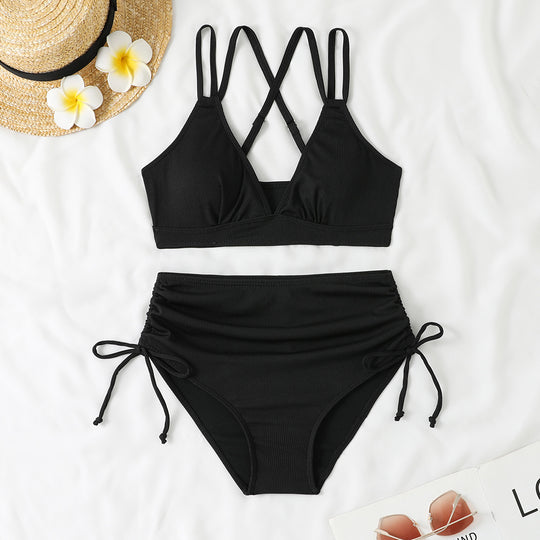 Damen Bikini-Set mit verstellbarem Kreuzträger und hoch geschnittenem Höschen R&B