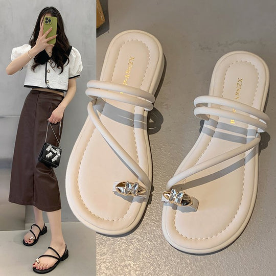 Damen elegante Zehensteg-Sandalen mit glamourösem Schmuckdetail R&B