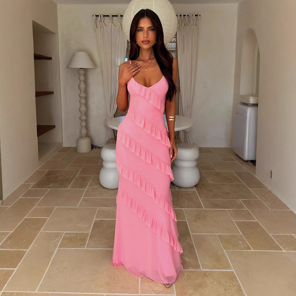 Damen Maxikleid mit Rüschendesign und Spaghettiträgern R&B