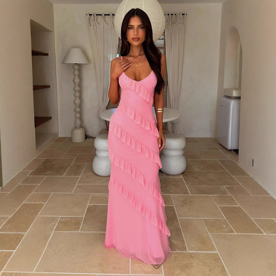 Damen Maxikleid mit Rüschendesign und Spaghettiträgern R&B