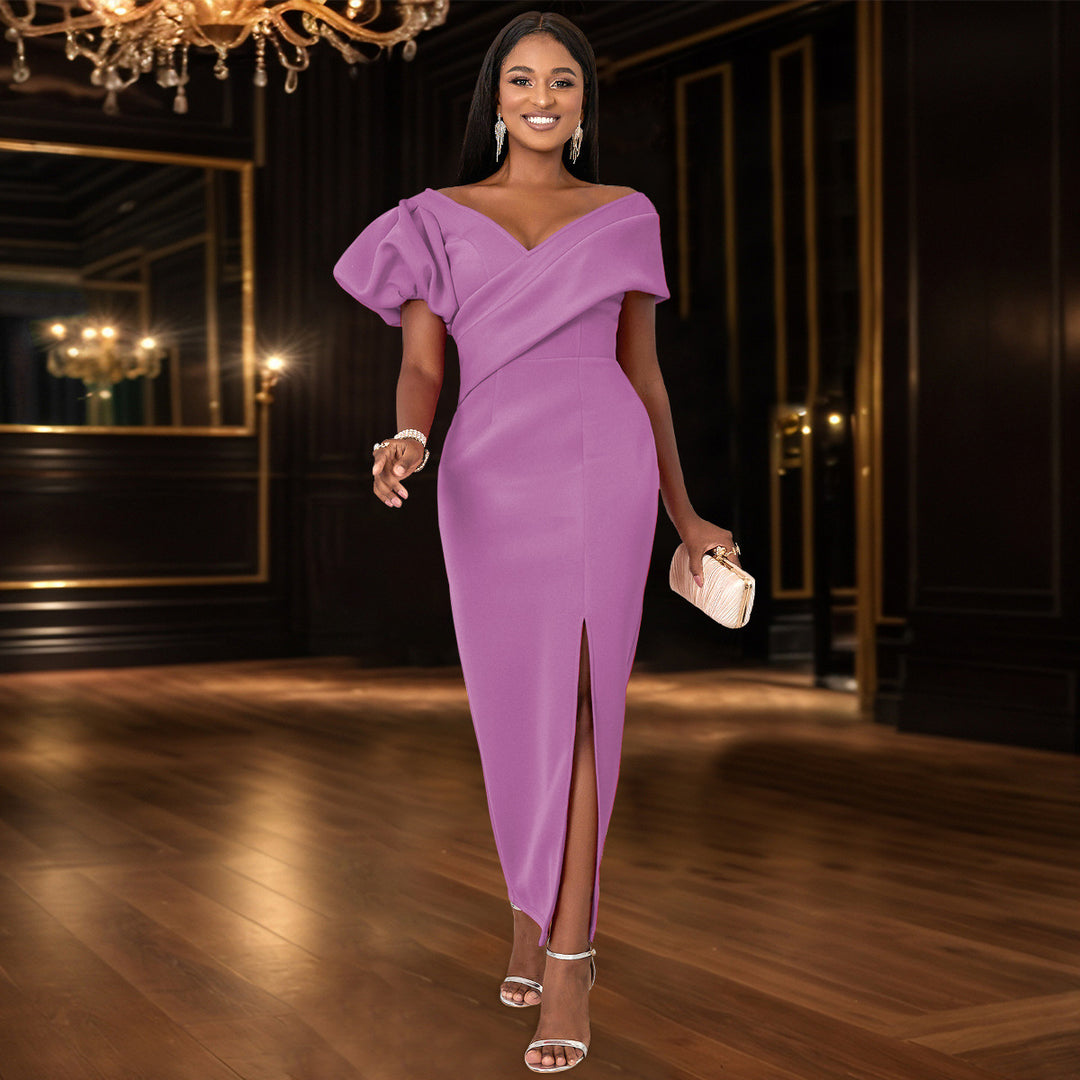 Damen Elegantes, figurbetontes Abendkleid mit asymmetrischem Ausschnitt und Puffärmeln R&B