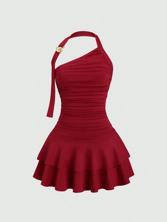 Damen asymmetrisches Wickelkleid mit gerafftem Design R&B