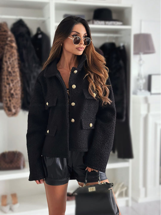 Damen Trendige Bouclé-Jacke mit goldenen Knöpfen und praktischen Taschen R&B