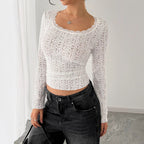 Damen nan figurbetontes Spitzen-Ajour-Langarmshirt mit Quadratausschnitt R&B