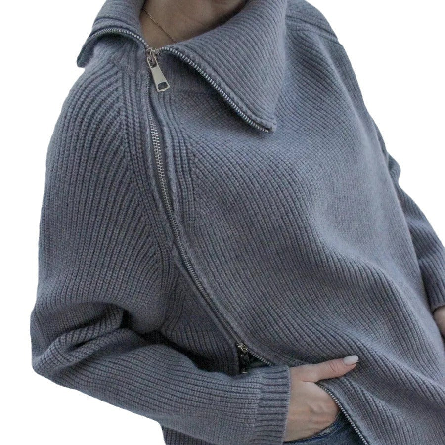 Damen Oversized Pullover mit asymmetrischem Reißverschluss und hochgeschlossenem Kragen R&B
