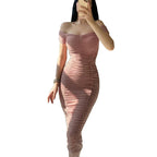 Damen Off-Shoulder gerafftes Midi-Kleid R&B