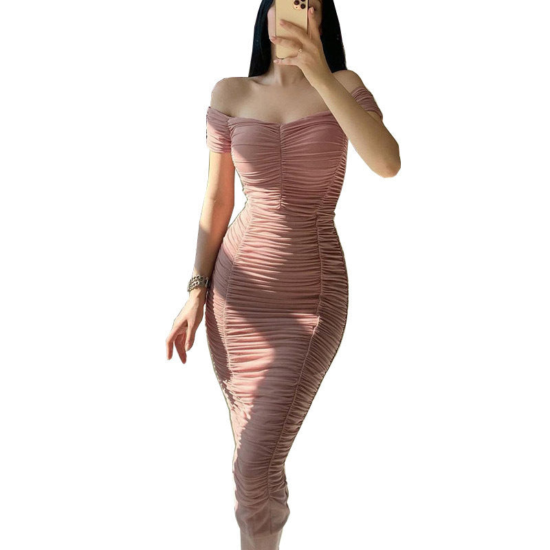 Damen Off-Shoulder gerafftes Midi-Kleid R&B