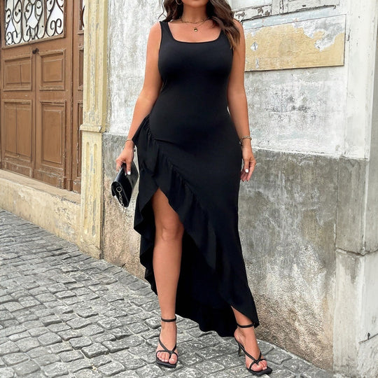 Damen elegantes Maxikleid mit asymmetrischem Saum und Rüschendetails R&B