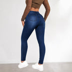 Damen High-Waist Skinny Jeans mit angedeuteten Taschen und elastischem Bund R&B