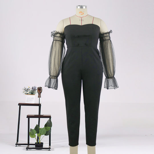 Damen Elegantes Jumpsuit mit transparenten Puffärmeln R&B