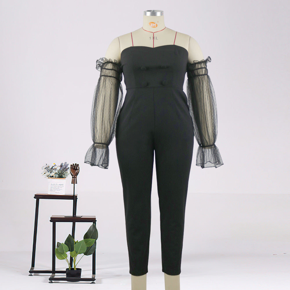 Damen eleganter Jumpsuit mit transparenten Puffärmeln R&B