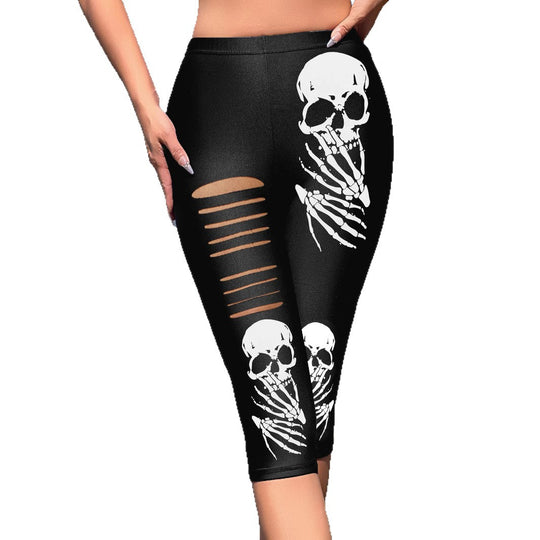 Damen Leggings mit auffälligem Totenkopf-Print und modischen Cut-Outs R&B
